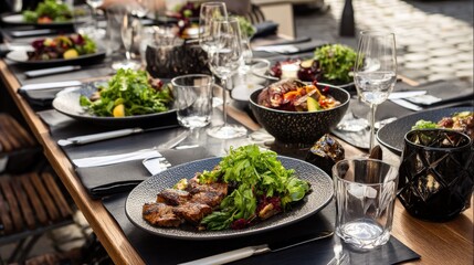 Obraz premium A stylish dinner setting with plates of vibrant greens and grilled meats served outdoors on a Berlin street terrace.