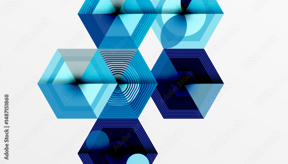 Poster Abstract geometric design. Blue hues create illusion of depth, complex hexagonal patterns, modern aesthetic.