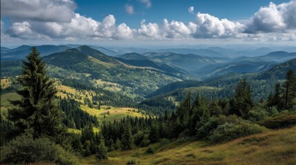 Fototapeta premium A summer day full of life and color in the Carpathians, showcasing layered hills covered with lush pine trees under a clear sky.