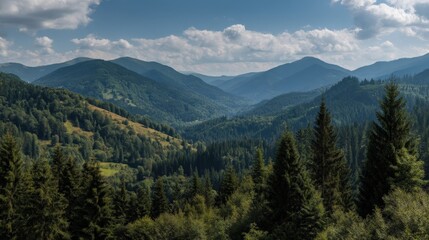 Fototapeta premium A summer day full of life and color in the Carpathians, showcasing layered hills covered with lush pine trees under a clear sky.