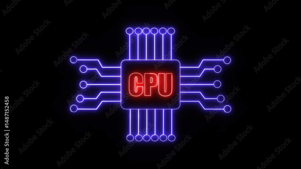 Poster neon cpu illustration with glowing circuitry depicting computer processor technology against a dark 