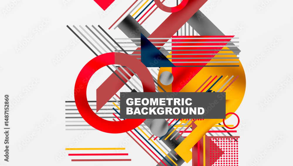 Poster abstract geometric design. lines, triangles, circles create dynamic composition. red, yellow, gray d