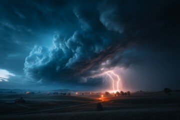 Dark thunderstorm clouds rolling over a flat rural landscape, lightning bolt visible in the distance, moody dramatic light, cinematic realism 