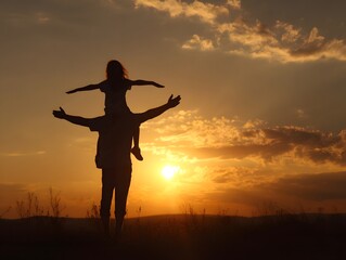 A father with a child on his shoulders at sunset, reinforcing the loving bond.