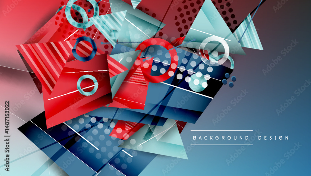 Poster abstract geometric shapes overlap, creating dynamic composition. red, blue hues dominate design, wit
