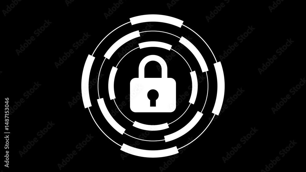 Aufkleber digital security symbol padlock inside concentric rings on black background representing data protec