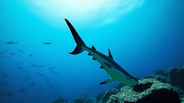 Sharks swimming in tropical blue sea. School of fish and sharks underwater in ocean. Vertical footage