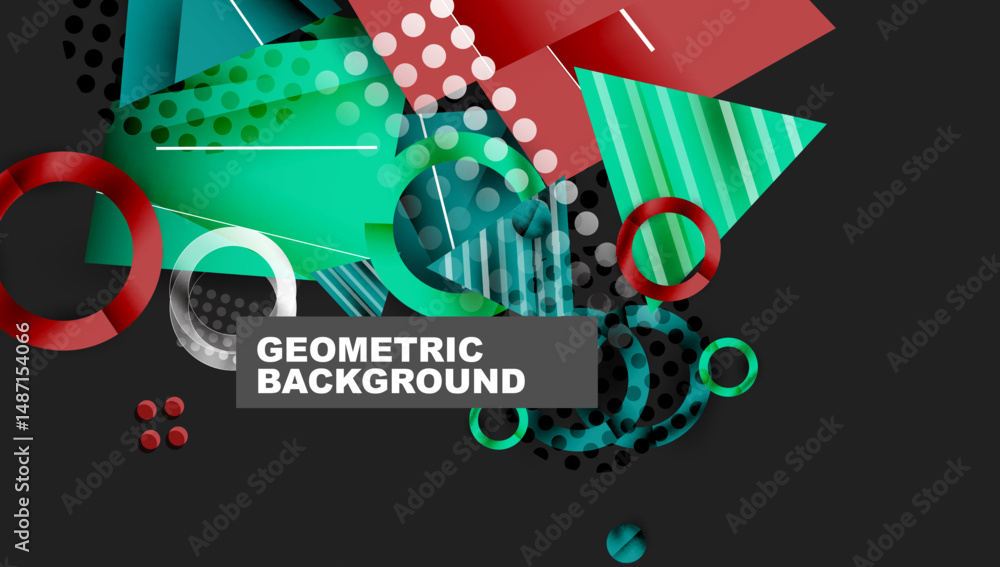 Poster Abstract geometric composition. Vibrant shapes overlap, creating dynamic visual effect. Modern design elements present bold color palette.