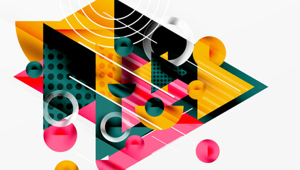 Abstract geometric composition. Shapes overlap, creating dynamic visual interest. Colors include yellow, pink, teal, black. Lines add structure.