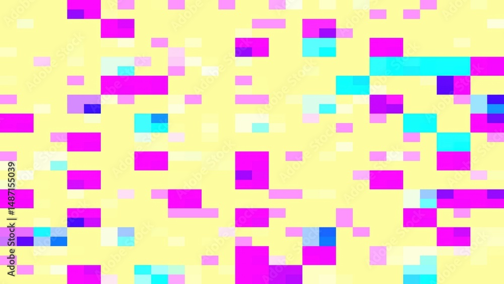 Poster abstract pixelated background with neon color blocks in various sizes and arrangements on a soft yel