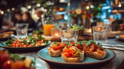 Fototapeta premium A vibrant food scene in a Berlin eatery, with fresh bruschetta, colorful salads, and local guests enjoying a relaxing evening meal.