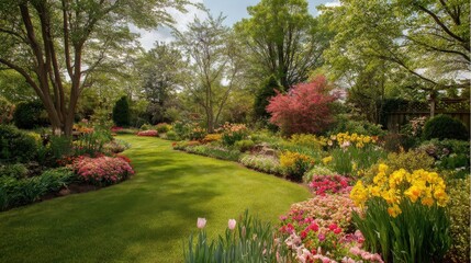 Obraz premium A vibrant spring garden in full bloom, with a lush green lawn setting the stage for colorful flower beds bursting with life.