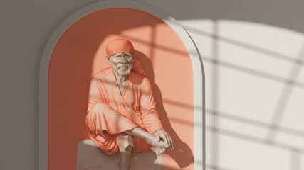 A serene statue of a sai baba figure seated in an alcove, with soft shadows and warm lighting