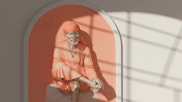 A serene statue of a sai baba figure seated in an alcove, with soft shadows and warm lighting