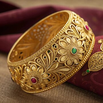 Ornate Gold Kada with Detailed Carvings of Flowers, Rubies, and Emeralds