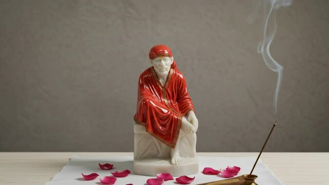 Serene figurine of a wise sai baba in red attire surrounded by rose petals and incense smoke