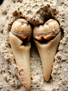 Close-up of two teeth embedded in mineralized stone, showcasing dental structure and fossilization details.