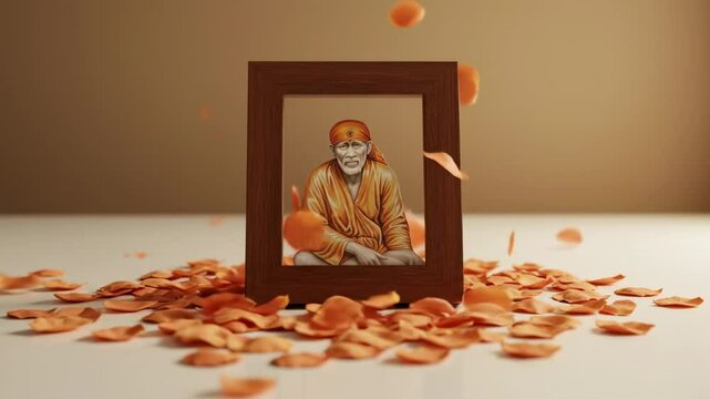 A serene sai baba figure in an ornate frame surrounded by scattered orange petals on a smooth surface