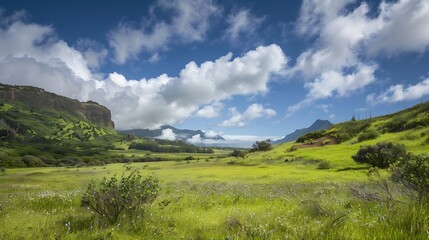 Fototapeta premium Scenic Landscape Of Green Field And Mountains Under A Blue Sky With White Clouds