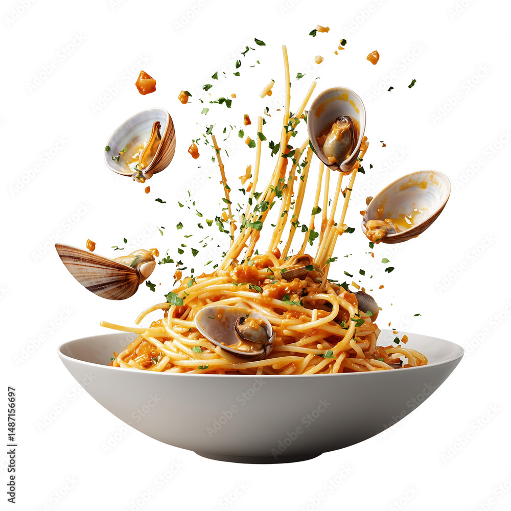 Poster spaghetti with clams is dramatically tossed, showcasing a burst of ingredients and textures in an el