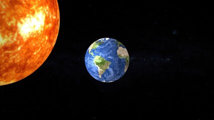 A realistic render of the earth in space with the sun represented as a bright star in the universe against the black background