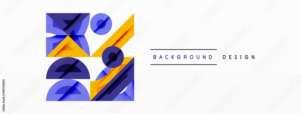 Poster Abstract geometric shapes overlap, creating vibrant visual composition. Yellows, purples dominate white space. Modern design element.