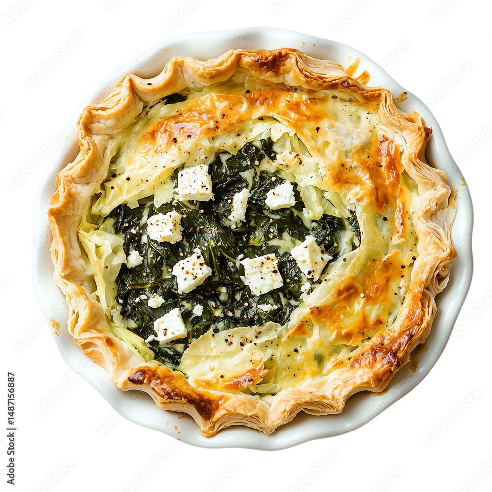 Poster spinach and feta pie with a golden crust and cubes of cheese on top. isolated on white background an