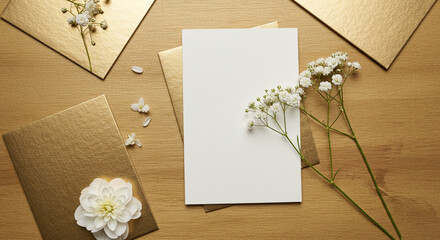 Elegant stationery arrangement featuring a blank card, gilded envelopes, and delicate white flowers on a warm golden wood backdrop for invitations