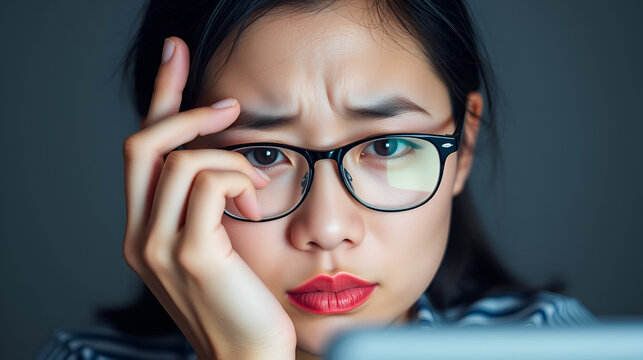 Eye problem concept, fatigue asian young woman tired eyes, irritated rubbing eye dry relief vision pain after work on laptop computer, eye strain, hand holding glasses, suffer migraine, bad blurry.