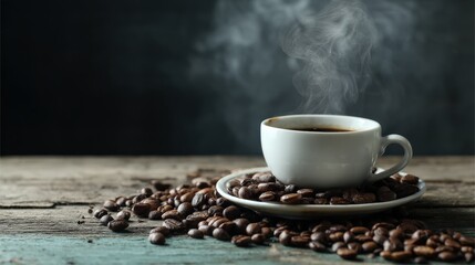 A white cup of steaming coffee placed on a saucer, surrounded by roasted coffee beans spilling across a rustic wooden surface.