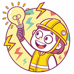 Naklejka premium Happy cartoon electrician holding glowing light bulb, colorful background icon