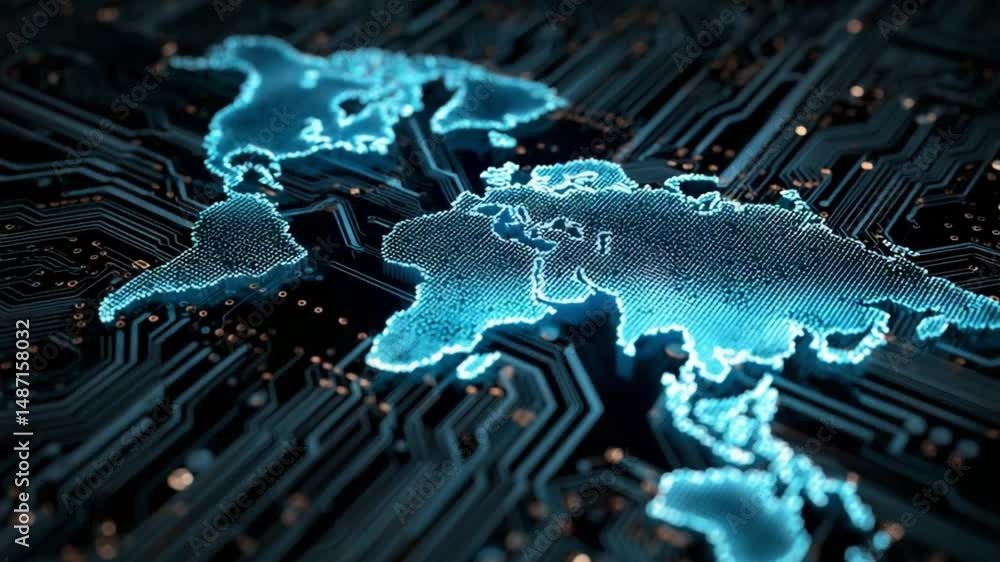 Poster global network: a glowing blue map of the world is etched onto a circuit board, symbolizing the inte