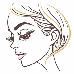 Elegant eyelash logo with cartoon flair, gold and blush tones
