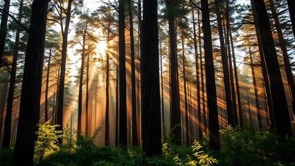 Naklejka premium Sunlight Streaming Through a Natural Forest in a Peaceful Outdoor Landscape