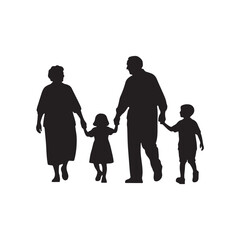 Grandparents Walking with Grandchildren Silhouette – Black Vector Clipart on White Background