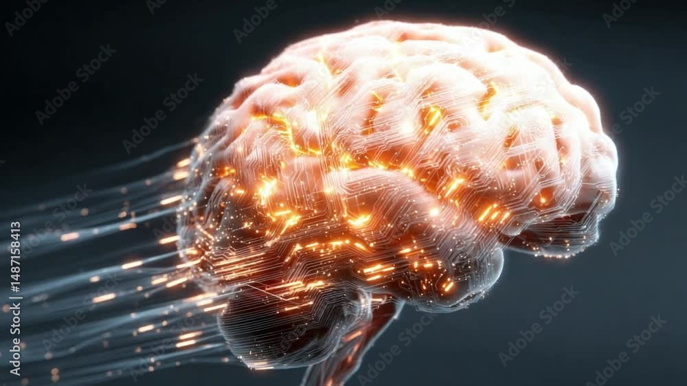 Poster illuminated mind: a detailed digital rendering of a human brain, glowing with energy and light strea