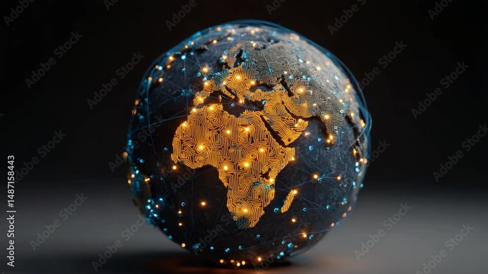 Poster global connectivity: a meticulously crafted visual representation of the earth, illuminated with rad