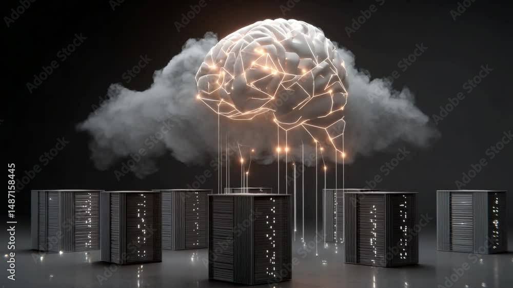 Poster brain and cloud technology: a conceptual rendering of a brain interconnected with a cloud, symbolizi