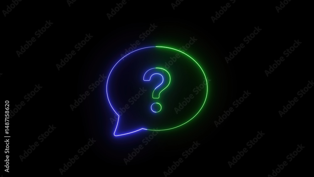 Poster a vibrant neon question mark within a speech bubble illuminated against a dark background representi