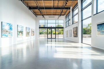 Art exhibition opening modern gallery photography indoor space wide angle creative showcase