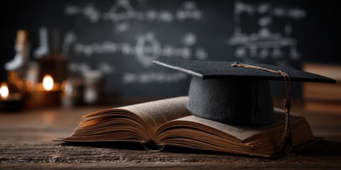 The Pursuit of Knowledge: An open book cradles a mortarboard, symbolizing education, academic achievement, and the relentless pursuit of knowledge in a scholastic setting.  Ai Image