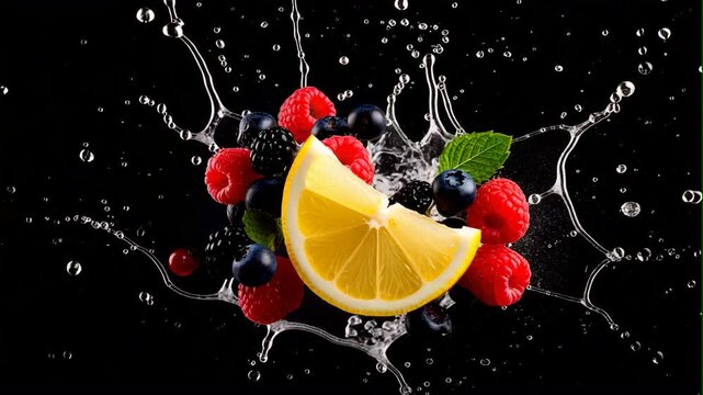 lemon fruits with raspberry fruits splash on black background