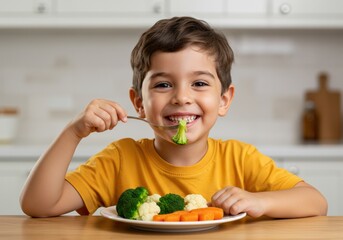 A delighted young boy happily eating a healthy plate of colorful vegetables in a bright kitchen scene.