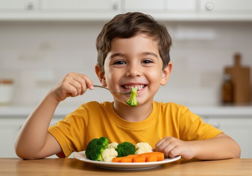 A delighted young boy happily eating a healthy plate of colorful vegetables in a bright kitchen scene.