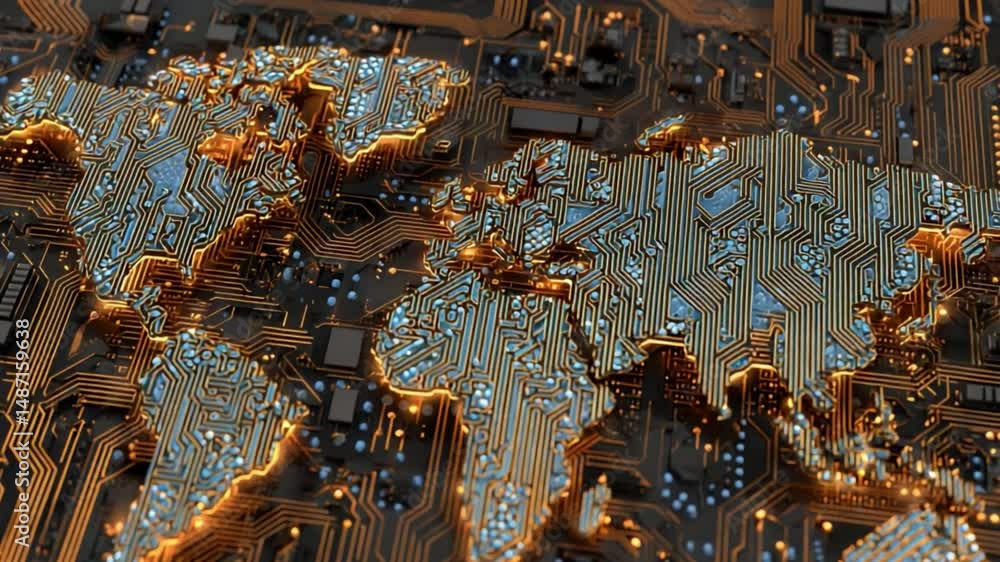 Poster digital earth: a captivating display of the world map crafted from intricate circuitry, symbolizing 