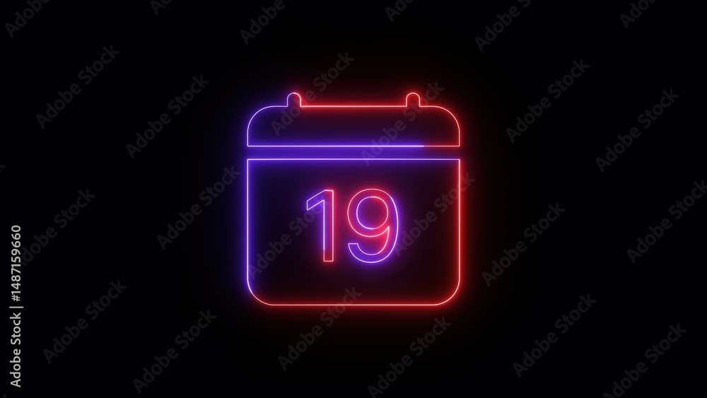 Poster modern glowing neon calendar icon with the number 19 isolated against a solid black background suita