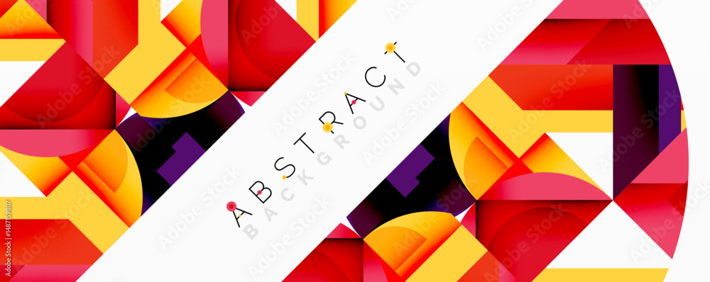 Poster Geometric shapes overlap, creating vibrant colorful background. Diagonal stripe features text abstract background. Modern design elements present.