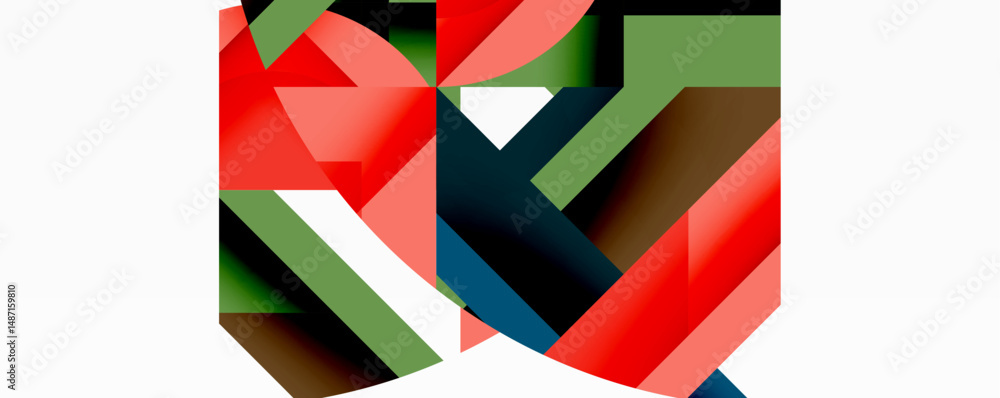 Poster abstract geometric shapes overlap, creating dynamic composition. red, green, brown hues dominate whi