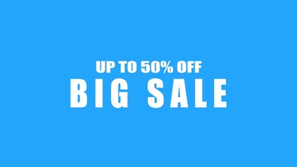 Big sale announcement on a vibrant blue background with text offering discounts of up to 50 percent for promotional marketing