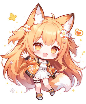 A chibi cartoon illustration depicts a little girl with a fox ear | transparent png